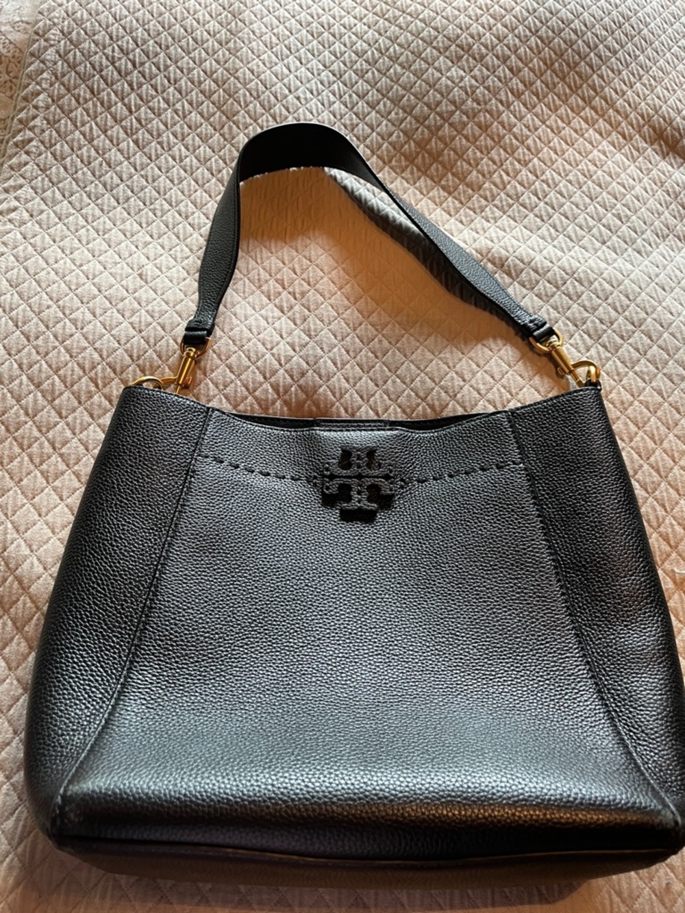 Tory Burch McGraw Black Pebbled Leather Shoulder Bag with Gold Hardware
